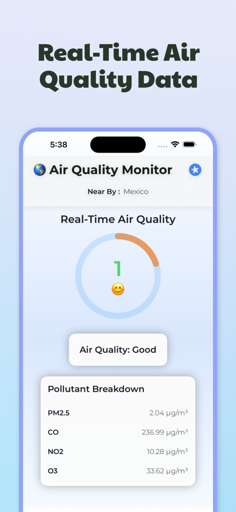 Air Quality Monitor: AQI App - Mobile app screen showing real time air quality index with a good AQI of 1 and a detailed pollutant breakdown including PM2.5 and CO
