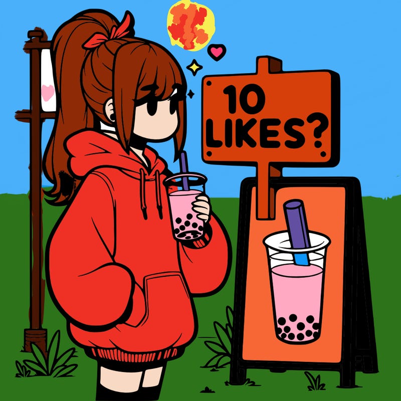 girl with oversized hoodie drinking boba and she has a high ponytail with a sign that says 10likes?