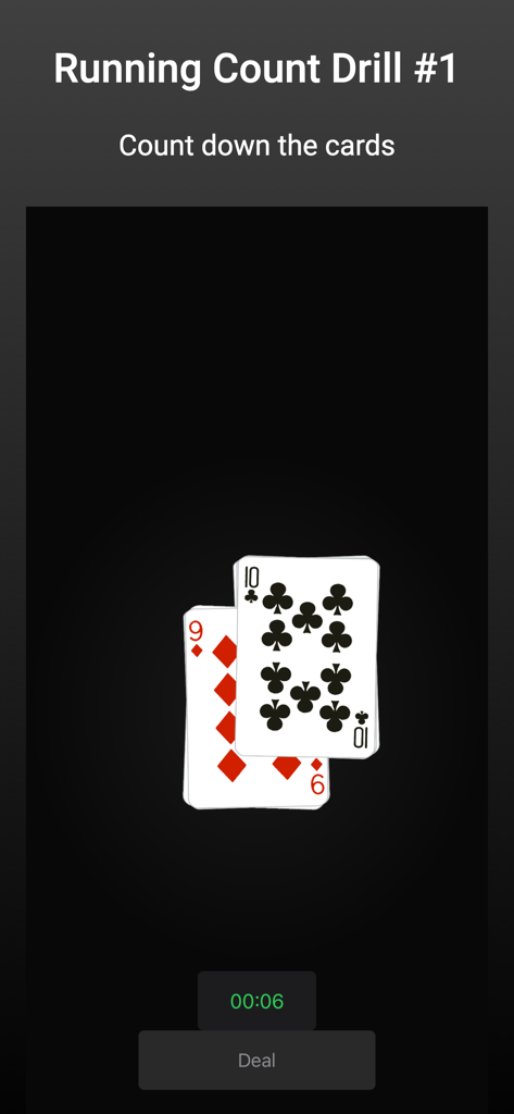 Blackjack Card Counting Pro - A mobile app screenshot showing a blackjack running count drill with playing cards and a timer.