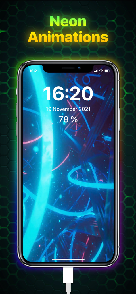 Ampere: Charging Animation App - Pantalla de iPhone mostrando una vibrante animación de carga de neón azul con la hora y el porcentaje de batería
