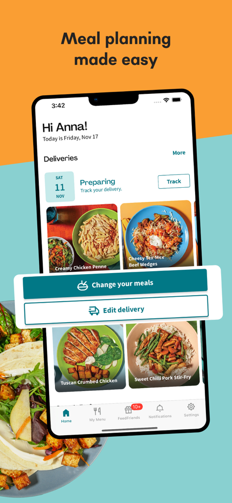 EveryPlate: Cooking Simplified - EveryPlate 모바일 앱 인터페이스에 식사 선택 및 배송 추적 상태가 표시됨