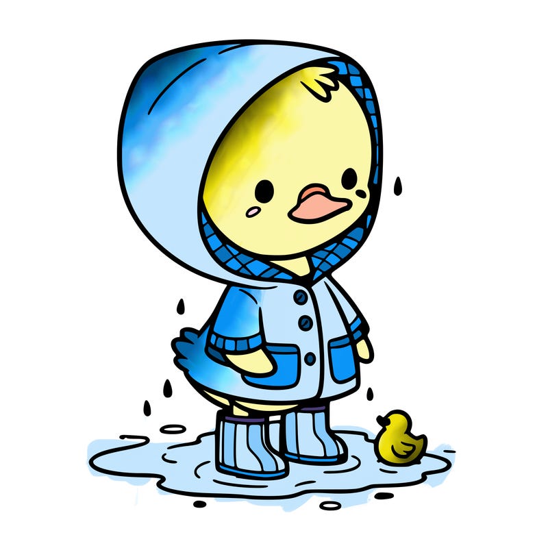 baby duck in a rain coat and boots, in a puddle while it’s raining