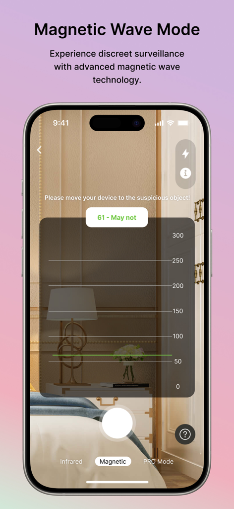 DETEKCAM: AI Camera Detector - DETEKCAM app interface displaying the magnetic wave detection mode scanning a room for hidden surveillance devices