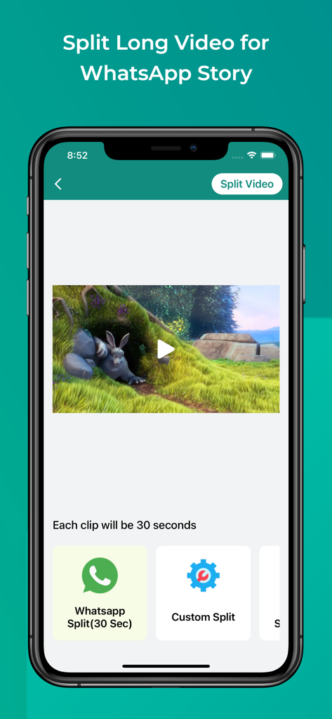 GB Version 2025 - Interface of the GB Version 2025 app showing the Video Splitter feature for WhatsApp stories