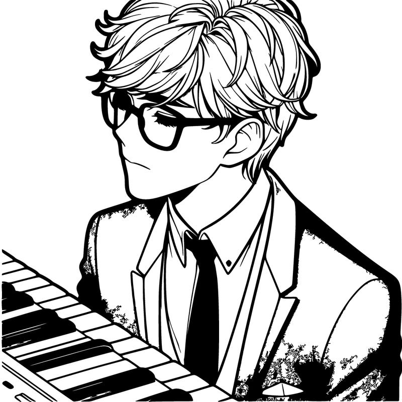 a realistic blonde man with glasses and medium length hair to shoulders with tips up and a right side fringe with a suit and white formal shirt playing a keyboard