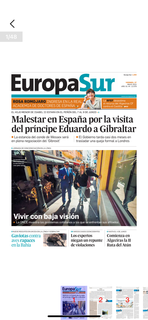 Europa sur - Digital front page of the Europa Sur newspaper app showing regional Spanish news from Campo de Gibraltar