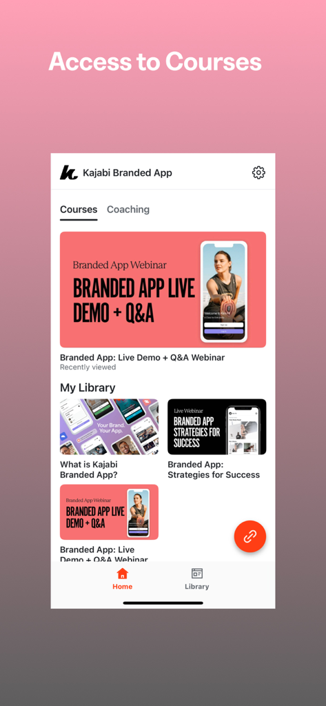 Kajabi Branded App - Kajabi Branded App interface displaying available courses and webinar library for solopreneurs