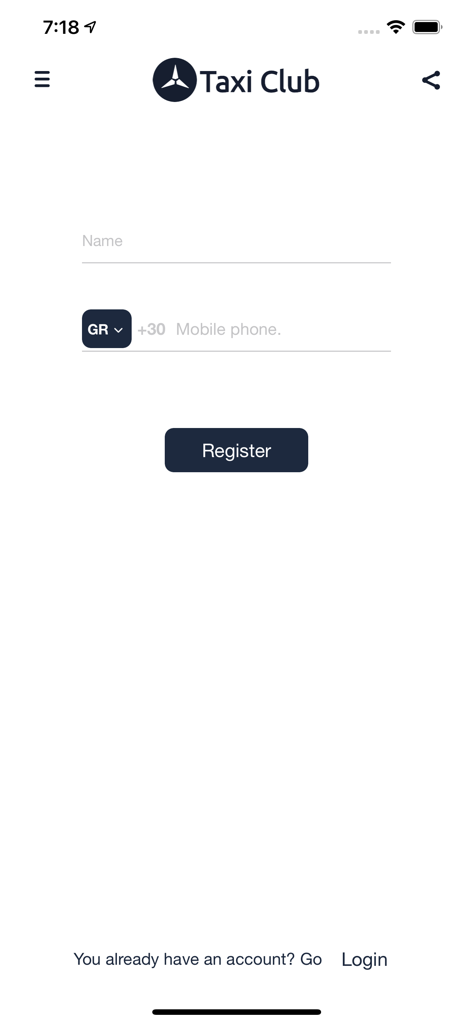 TaxiClub - 택시클럽 럭셔리 교통 앱 등록 화면