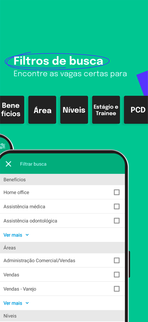 Vagas de Emprego - Vagas.com - Tela do aplicativo móvel mostrando filtros de busca de emprego para benefícios e áreas profissionais em português.