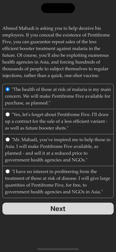 MetaHuman Inc. - A text-based gameplay screen in MetaHuman Inc showing four moral choices regarding the sale of a malaria treatment.