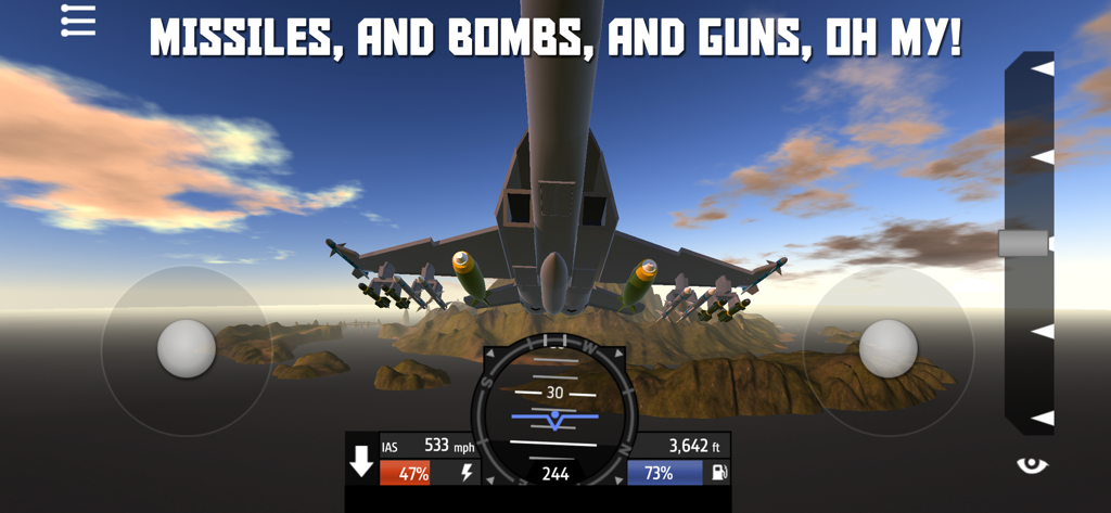 SimplePlanes - A military jet equipped with missiles and bombs flying in the SimplePlanes flight simulator over islands.