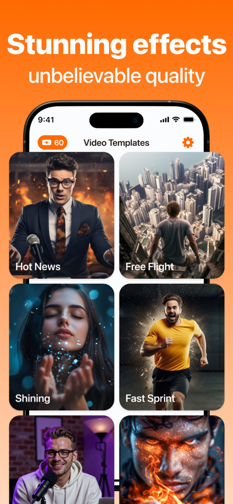 FlashLoop AI: Video Maker - FlashLoop AI app interface showing various cinematic video templates and high quality effects on a mobile screen.
