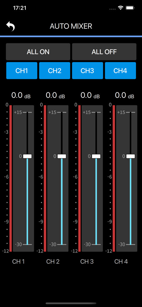 TASCAM RECORDER CONNECT - TASCAM RECORDER CONNECT auto mixer screen with four channel faders