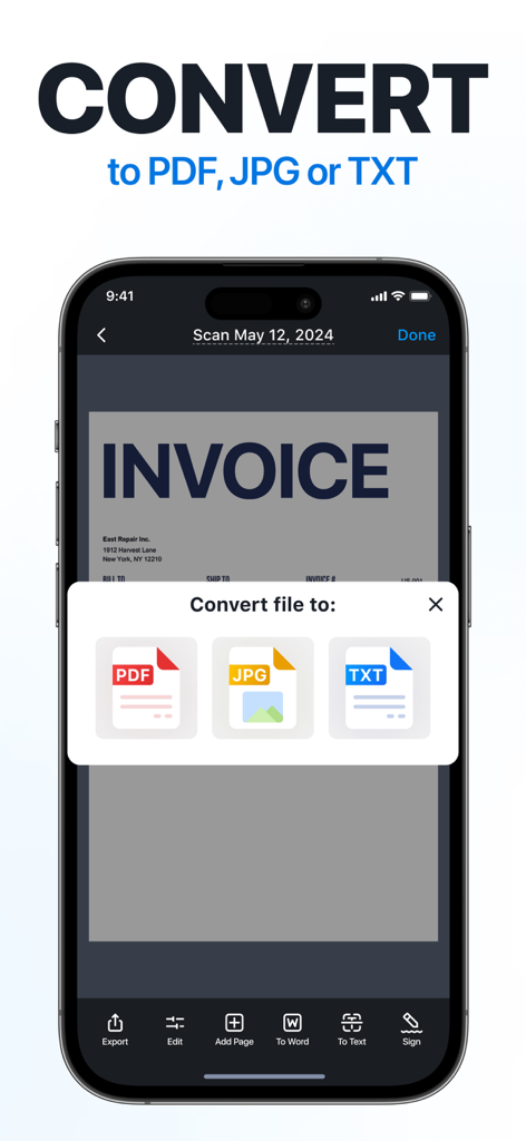 スキャンした請求書をPDF、JPG、またはTXT形式に変換するScanGuruアプリのインターフェースを表示したiPhone画面