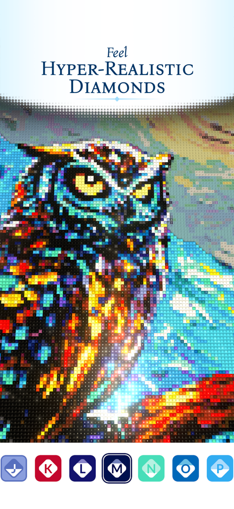 Diamond Painting: Antistress - Colorful diamond painting of an owl with sparkling effects and color icons