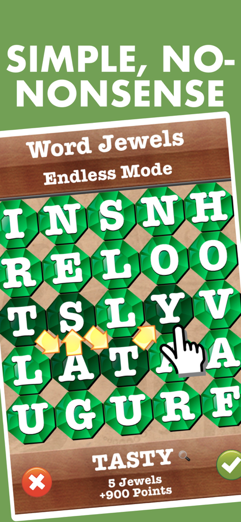A screenshot of Word Jewels gameplay showing green gem letter tiles on a wooden background with the text simple no nonsense.