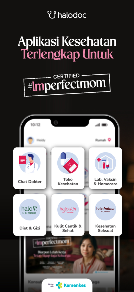 Halodoc app interface displaying healthcare services including doctor chat pharmacy and homecare lab tests.