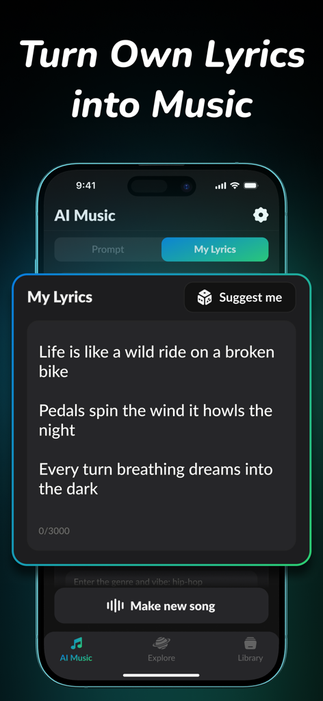 Mobile app interface of AI Song Maker showing a feature to turn custom lyrics into music with a text input box and generate button