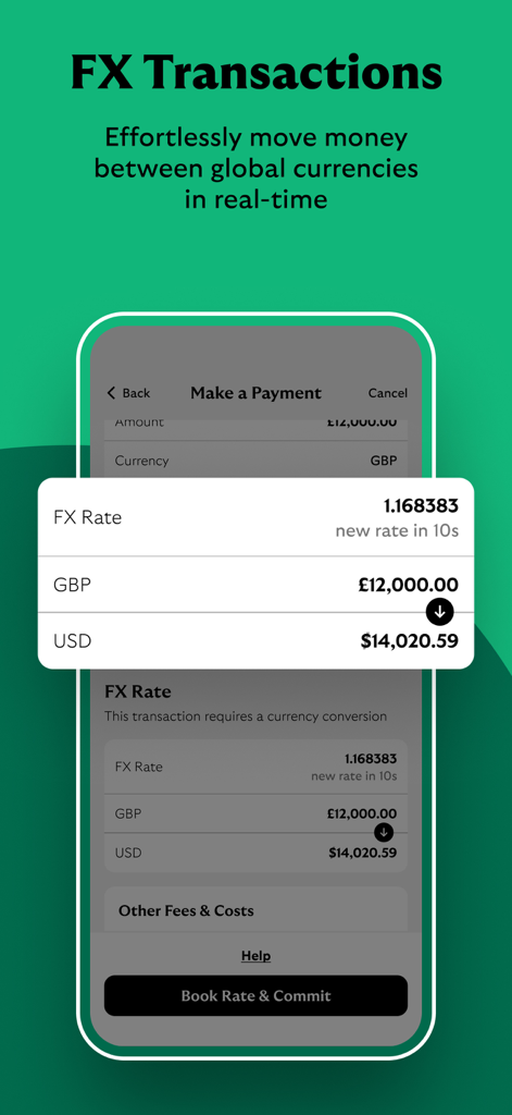 Lloyds Bank International app interface showing real-time currency conversion from GBP to USD