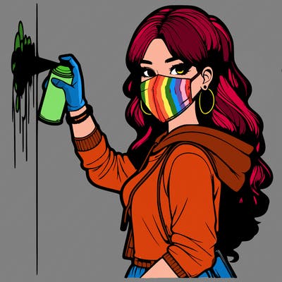 realistic girl with mask spray painting a wall