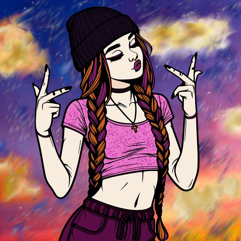 realistic teenage girl with braids and a beanie and crop top doing 🫶🏼
