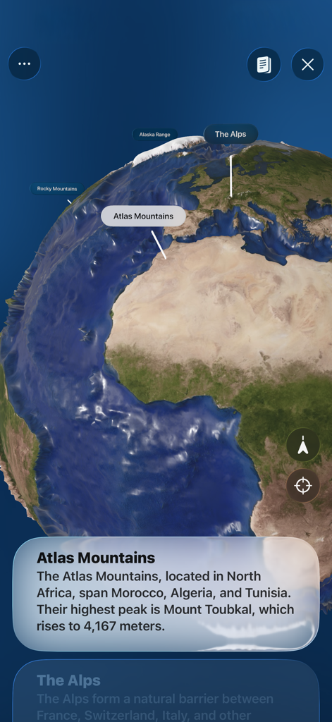 Interaktiver 3D-Erdglobus in der Foxar-App, der geografische Bezeichnungen und Fakten über das Atlasgebirge anzeigt.