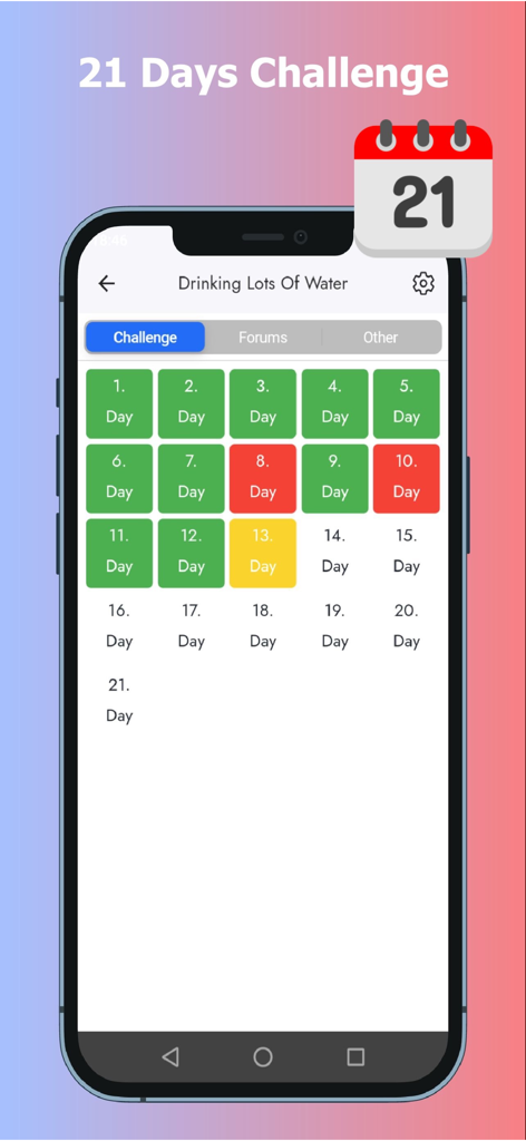 색깔로 구분된 일일 진행 상황 그리드가 있는 21일 물 마시기 챌린지를 보여주는 Wipepp 앱 인터페이스