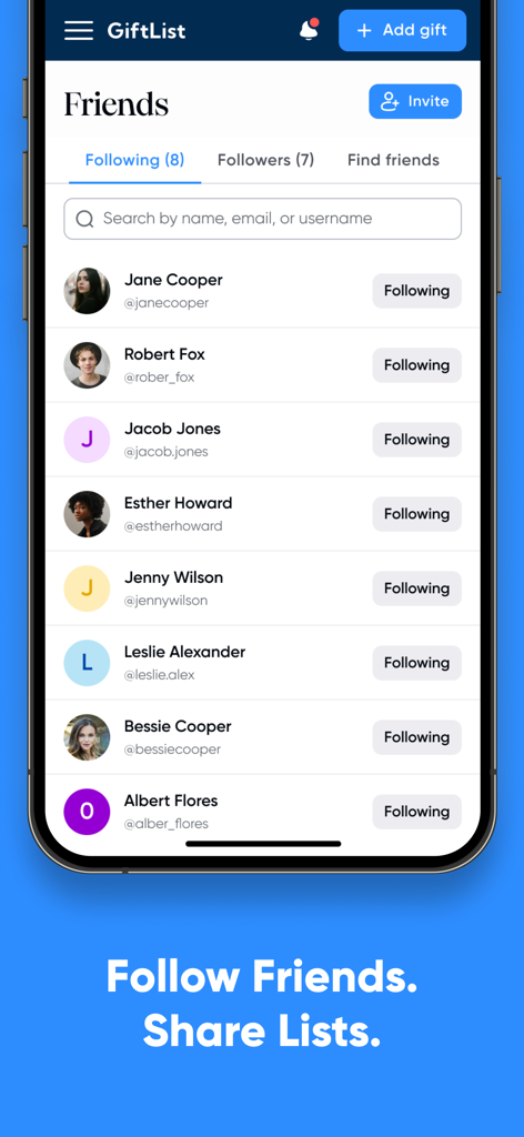 GiftList – Wishlist & Registry - Interface of the GiftList app showing a list of friends being followed and a search bar to find more people for sharing wishlists