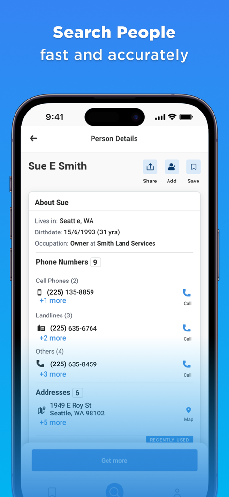 Whitepages Search, Find People - Whitepages app display of search results for a person including location and contact details
