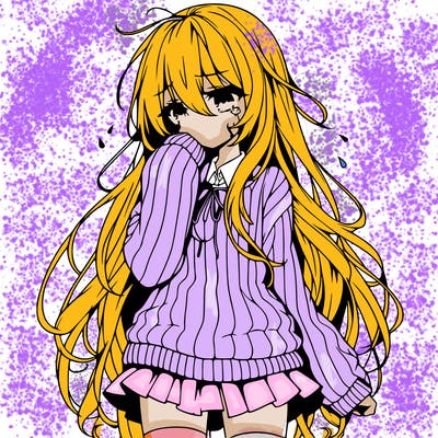 anime girl with long hair and sweater with a skirt crying