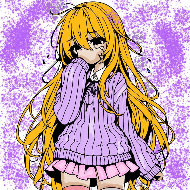 anime girl with long hair and sweater with a skirt crying