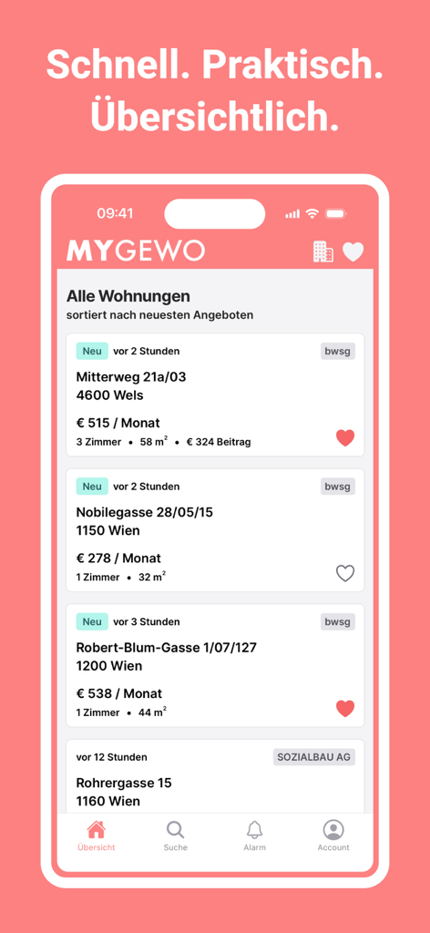 MyGEWO - Interfaccia dell'app MyGEWO che mostra un elenco di unità abitative a prezzi accessibili disponibili con dettagli su prezzo e dimensioni