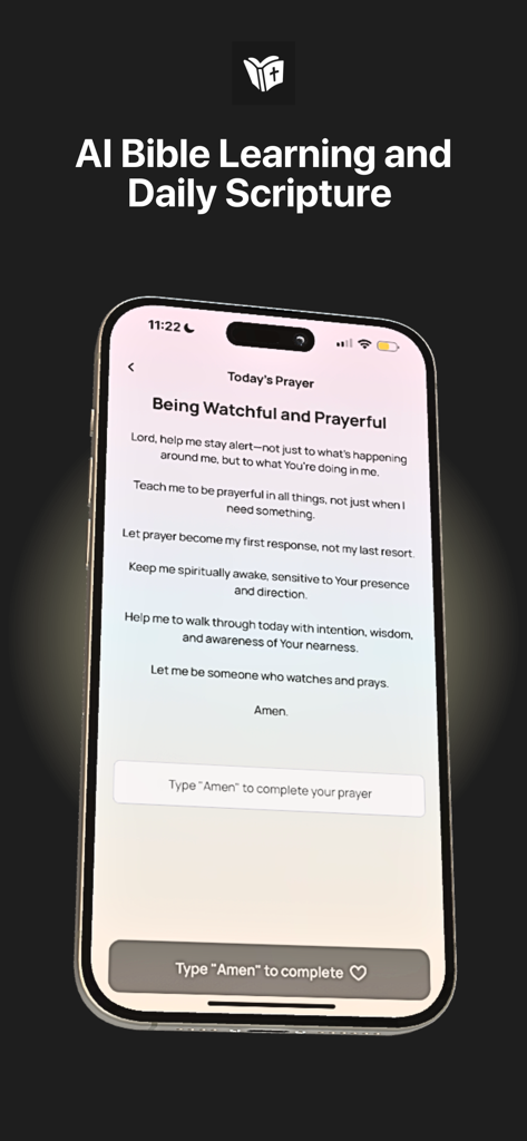My Daily Prayer Journal - A mobile app screen showing a daily prayer titled Being Watchful and Prayerful under the heading AI Bible Learning.