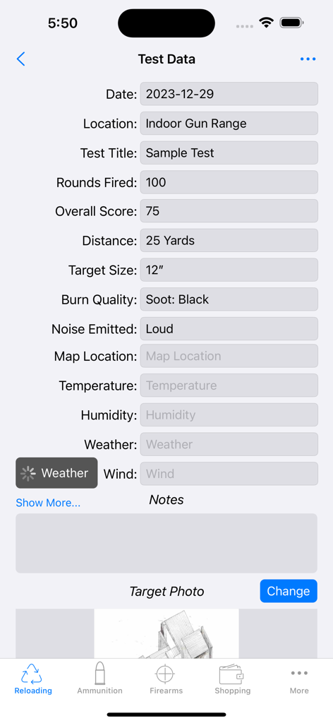 ReLOADeD (Ammo) - ReLOADeD app screen for logging range test data including score and rounds fired