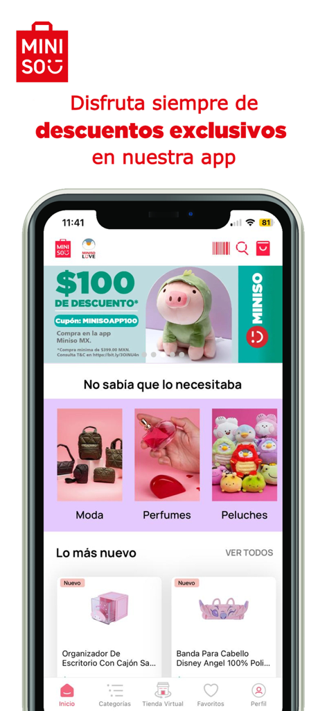 Miniso México - Schermata principale dell'app mobile Miniso Italia con sconti esclusivi e categorie di prodotti