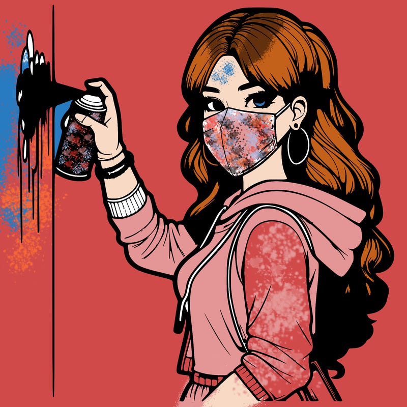 realistic girl with mask spray painting a wall