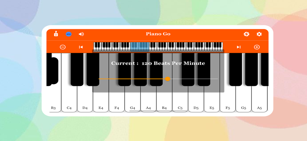 Interfaz de teclado de piano digital de la aplicación Piano Go con etiquetas de notas y configuración de metrónomo.