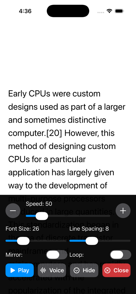 Teleprompter Studio - Interfaz de Teleprompter Studio que muestra el texto del guion y los controles de desplazamiento para la velocidad y el tamaño de fuente