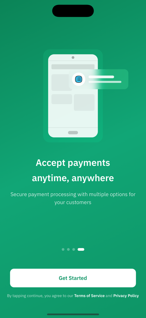 Kushk POS - Kushk POSアプリのオンボーディング画面。「いつでもどこでも支払いを受け付け」というテキストと、「開始」ボタンが緑色の背景に表示されています。