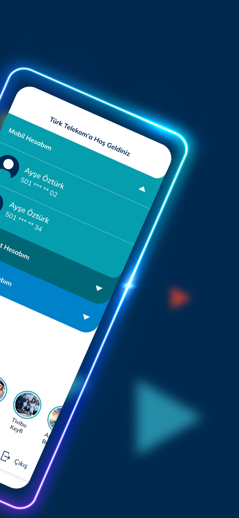 Turk Telekom app account management screen showing linked mobile and home internet accounts