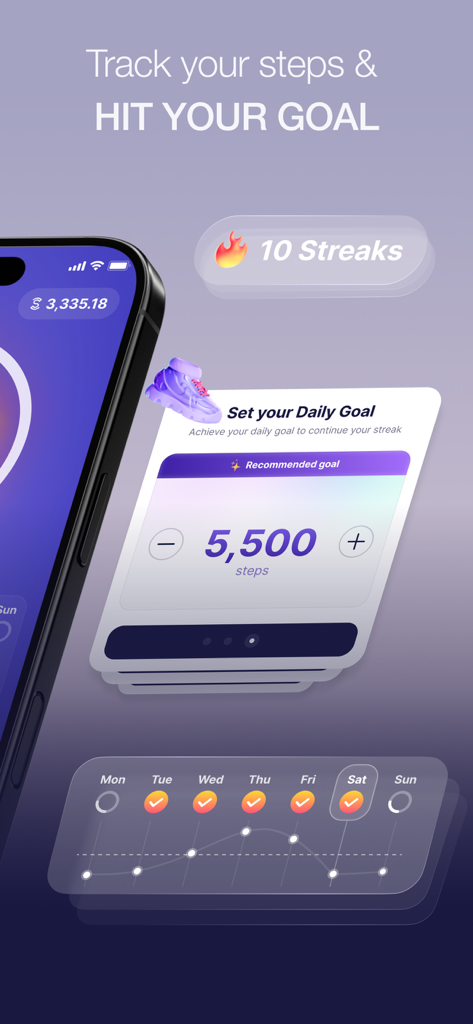 Sweatcoin 앱 인터페이스 일일 걸음 수 목표 설정 및 활동 스트릭 표시