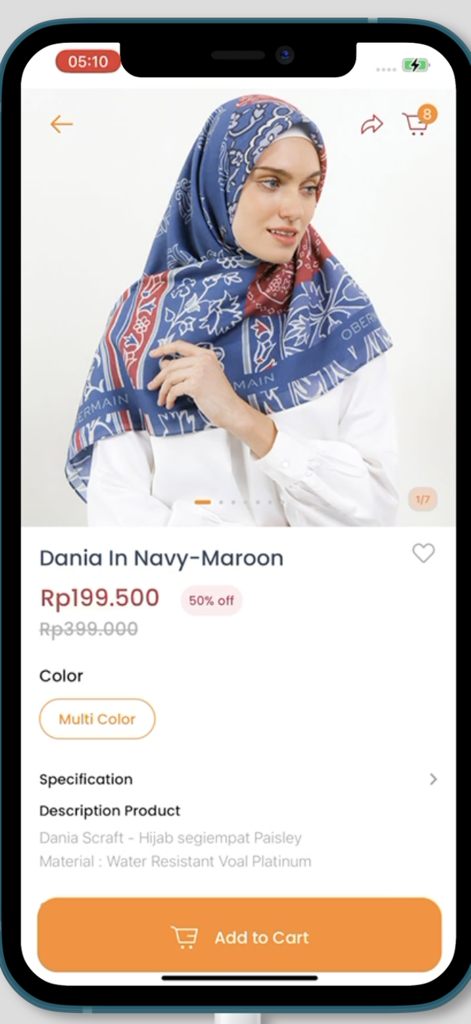 9to9 - Mobile screen showing a product page for a patterned navy and maroon scarf from Obermain on the 9to9 app.