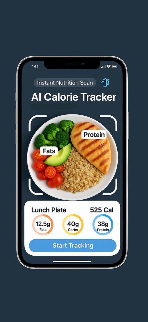Calorie Tracker AI Food Track - KI-Kalorien-Tracker-Oberfläche, die einen Teller mit Essen scannt, um Kalorien und Makronährstoffe anzuzeigen.
