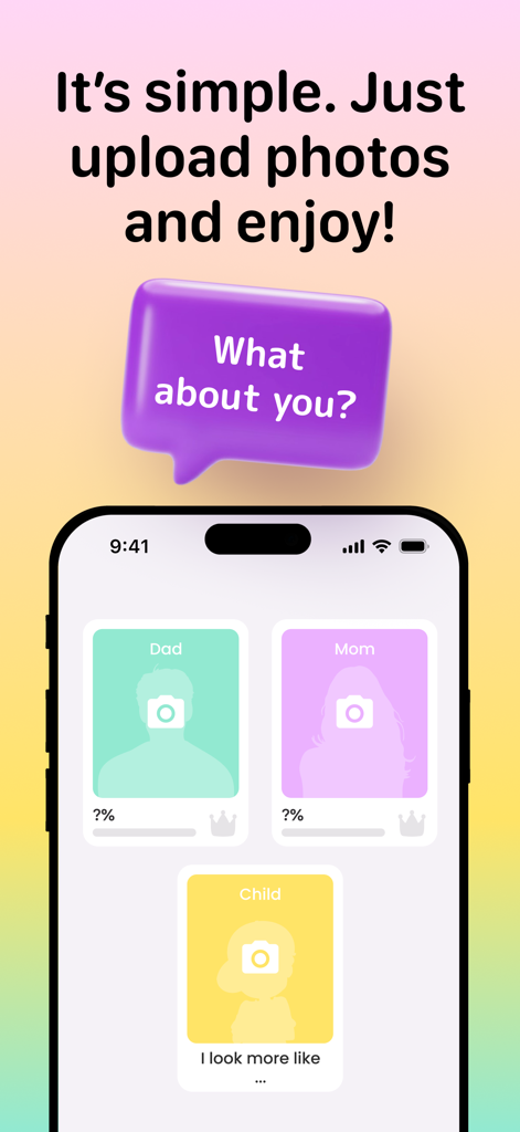 Mobile app screen showing the upload interface for Dad Mom and Child photos to compare facial similarity