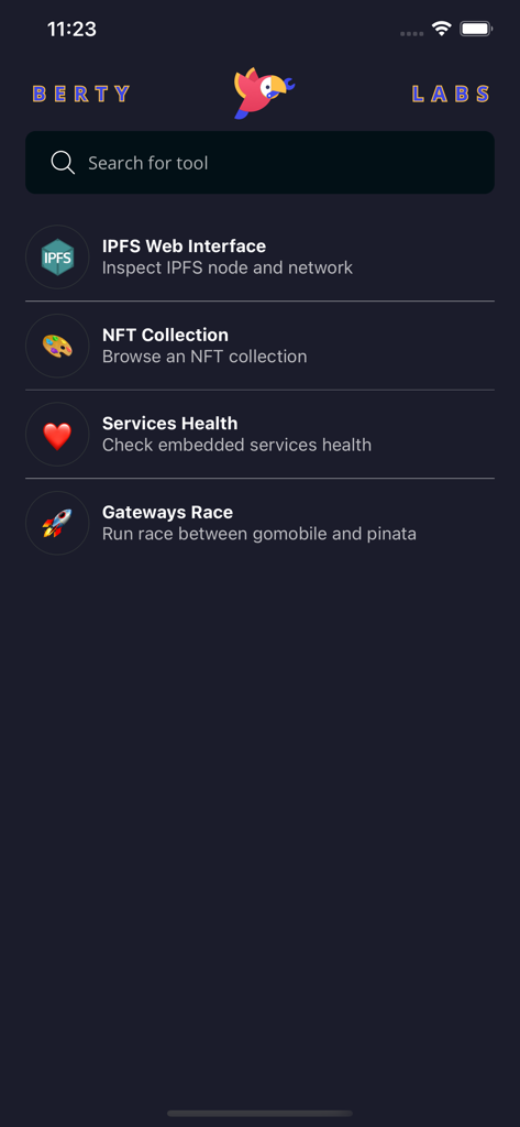 El menú principal de la aplicación móvil Berty Labs que muestra una lista de herramientas de desarrollador descentralizadas, incluyendo Interfaz Web IPFS y Colección NFT