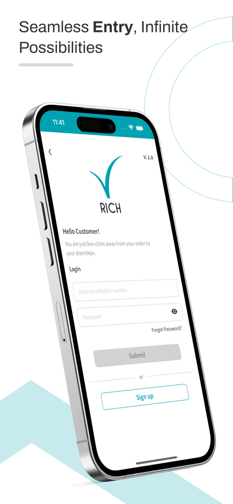 V-Rich Products - Login and sign up screen of the V-Rich mobile app for farm fresh dairy delivery