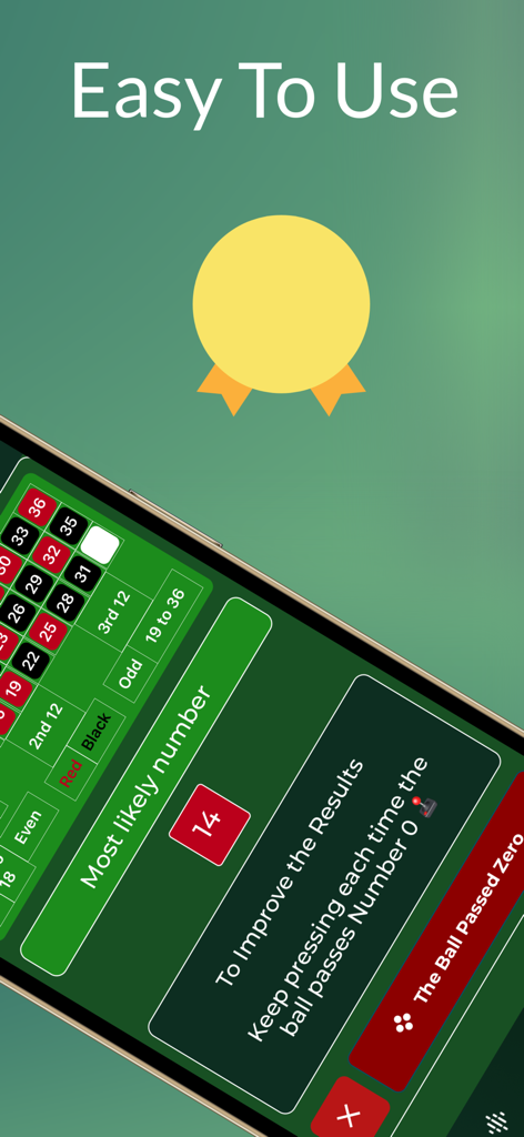 Mobile app screen of Roulette AI showing a winning number prediction for number fourteen on a virtual roulette table grid