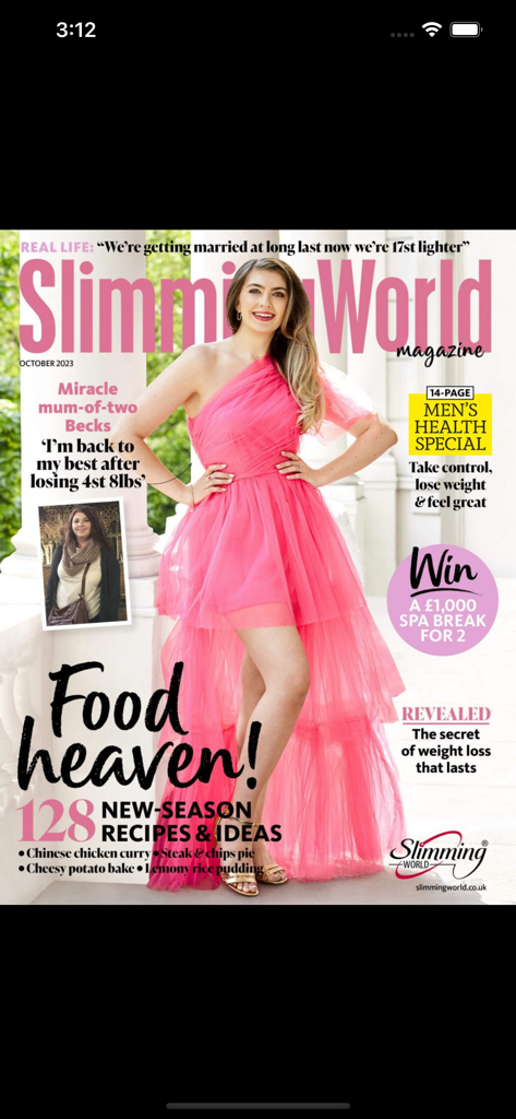 Slimming World Magazine - Cover of Slimming World Magazine featuring a woman in a pink dress and weight loss success stories