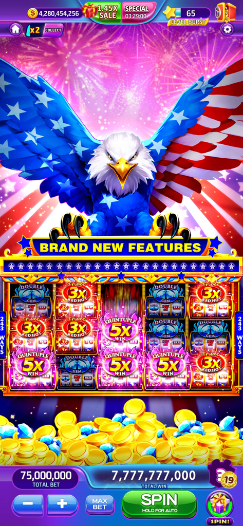 Lava Slots™- Casino Games - Una interfaz de máquina tragaperras temática del águila americana patriótica en Lava Slots con multiplicadores y fuegos artificiales