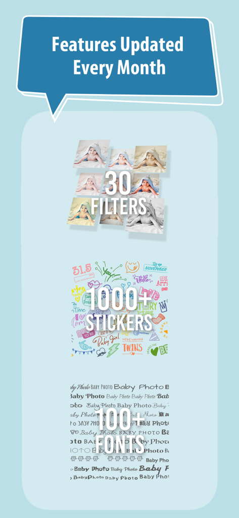 Showcase of Baby Photo Editor features including filters stickers and fonts